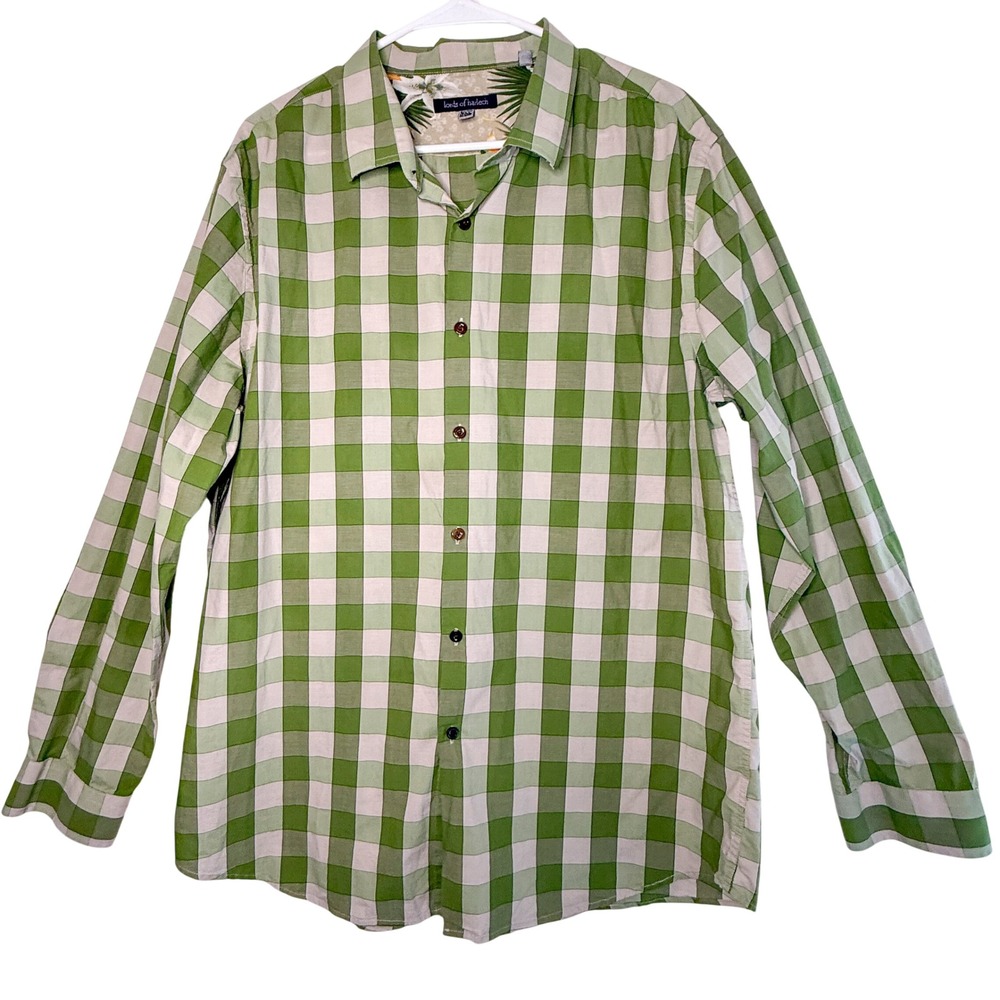 Lords of Harlech Mens XL Green Gingham Plaid Cotton Button Down Preppy